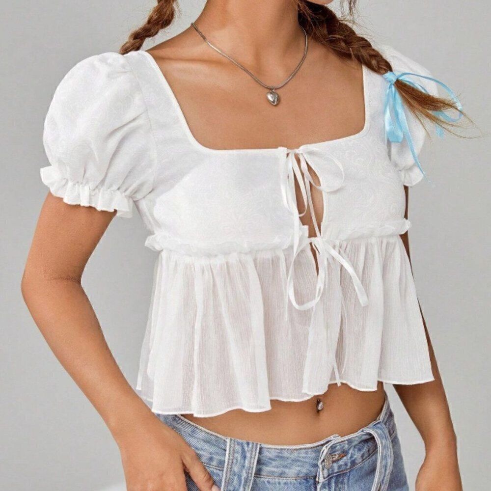 New SHEIN EZwear White Crop Top with Tie Front, Puff Sleeves and Embellishments